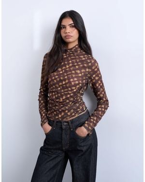 TOPSHOP High Neck Ruched Check Print Long Sleeve Top - Brown