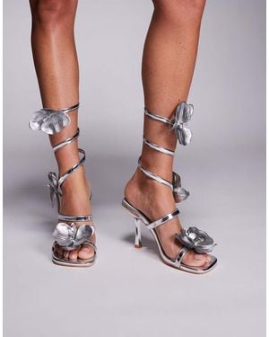 Public Desire Lotus Flower Trim Wrap Around Flared Stiletto High Heels - Metallic