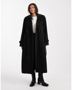 4th & Reckless Trench-coat ceinturé coupe habillée mi-longue en aspect laine avec double boutonnage - Noir