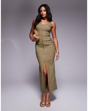 ASOS Twill Bengaline Zip Detail Seamed Midi Dress - Brown