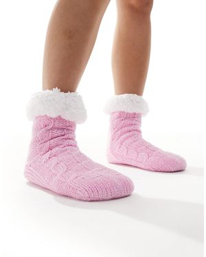 Loungeable Chaussons chaussettes en maille torsadée avec doublure en sherpa - bonbon - Rose