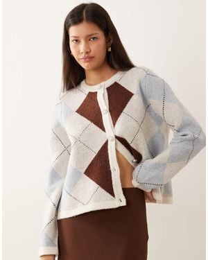Vila Argyle Check Knitted Cardigan - Natural