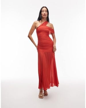 & Other Stories Mixed Fabric Maxi Dress With Asymmetric Off Shoulder And Sheer Hem - Red