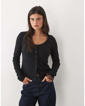 Nobody's Child Erin Pointelle Round Neck Lace Detail Cardigan - Black