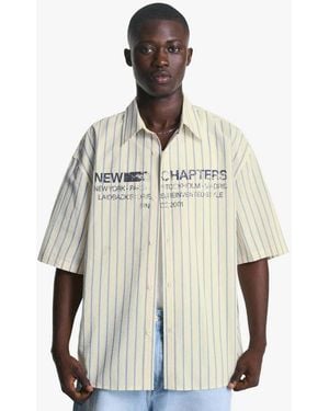 Bershka Printed Short Sleeve Oversize Fit Shirt - Natural