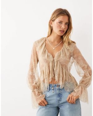 Mango Delicate Lace Ruffled Long Sleeve Blouse - Blue