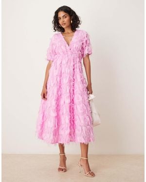 Y.A.S Textured V Neck Midi Dress - Pink