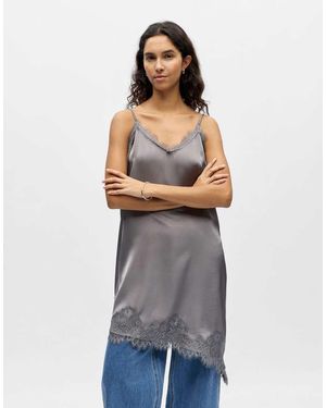 Object Asymmetric Slip Dress With Lace Detail - Grey