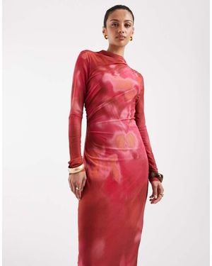 Vero Moda Long Sleeve Drapey Mesh Maxi Dress - Red