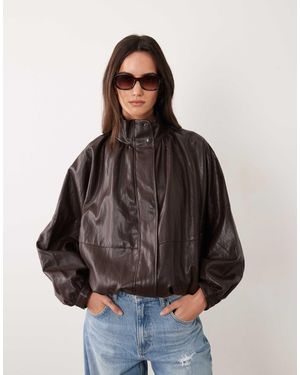 Jdy Funnel Neck Faux Leather Bomber Jacket - Brown