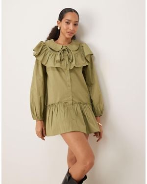 Neon Rose Ruffle Collar Smock Dress - Green