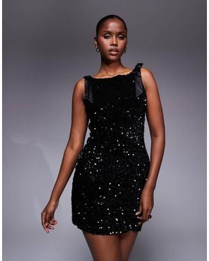 TFNC London Premium Mini Dress With V-back And Shoulder Bows - Black