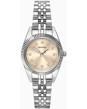 Sekonda Reloj Analógico Plateado Para Mujer Con Caja Redonda De 26 Mm De Aleación, Esfera Rosa Y Pulsera De Acero Inoxidable Francis De - Blanco