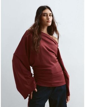 ARRANGE Jersey Off Shoulder Wide Sleeve Top With Ruched Hem - Red