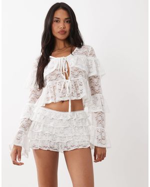 The Frolic Exclusive Lace Tiered Ruffle Tie Front Top - White