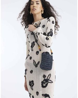 River Island Raffia Beaded Cross Body Phone Bag - Grey