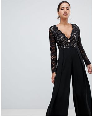 Love Triangle All Over Cut Work Lace Top Wide Leg Split Jumpsuit - Black
