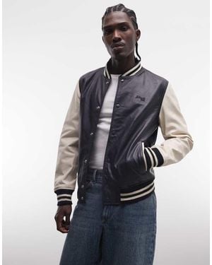 Schott Nyc Leather Varsity Jacket - Blue