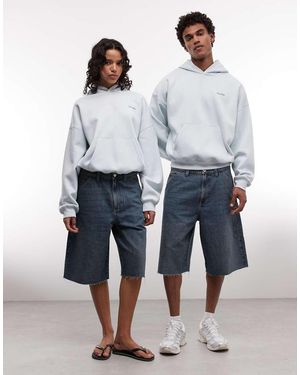 Collusion Unisex Contrast Pocket Printed Jort With Raw Hem - Blue