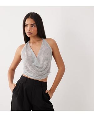 Kaiia Exclusive Metallic Crochet Cowl Neck Top - Grey