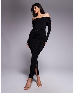 Ruched & Ready Sculpted Off Shoulder Gold Hardware Detail Ruched Bodycon Maxi Dress - Blue