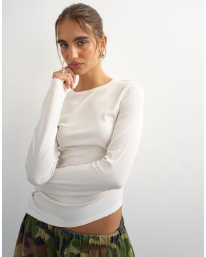 TOPSHOP Premium Rib Ruched Asymmetric Hem Long Sleeve Top - White