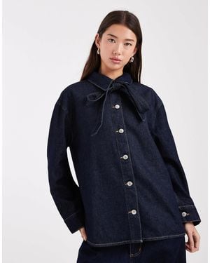 ASOS Denim Shirt With Bow Tie Neck - Blue