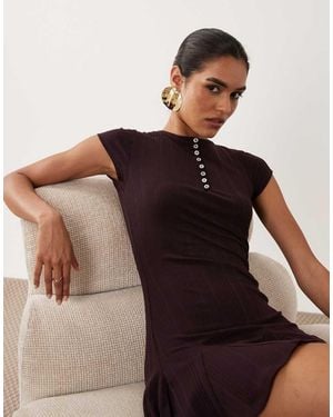 ASOS Vestido Corto Marrón Plisado De Manga Corta-Azul Marino