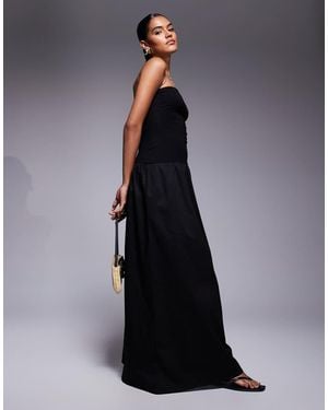Fashionkilla Cotton & Poplin Mix Drop Waist Bandeau Maxi Dress - Blue