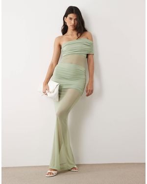 Aria Cove Double Layered Slinky Asymmetric Off Shoulder Mesh Insert Sheer Hem Maxi Dress - Green