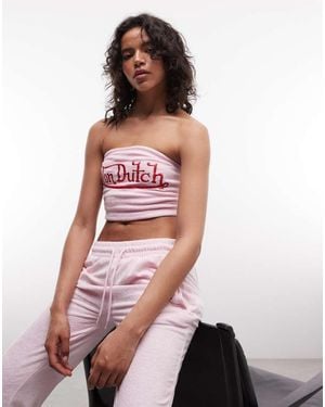 Von Dutch 3 Piece Y2K Cropped Bandeau Velour Top With Contrast Graphic - White