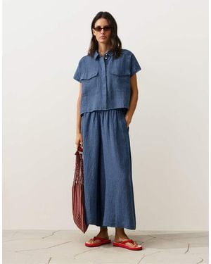 Oysho 100% Linen Super Wide-leg Cropped Trousers - Blue