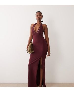 The Frolic Exclusive Bengaline Eyelet Detail Halterneck Plunge Maxi Dress - Red