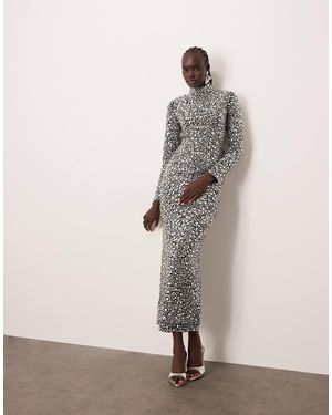 ARRANGE Textural Sequin High Neck Long Sleeve Maxi Dress - Natural