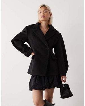 Lioness Heart Shaped Wool Touch Double Breasted Cinched Waist Barrel Sleeve Coat - Black