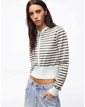 Bershka Striped Zip-up Hoodie - White