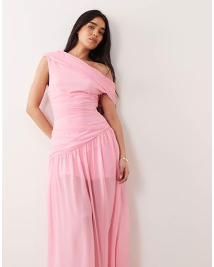 Fashionkilla Exclusive Chiffon Off Shoulder Asymmetric Hem Gathered Sheer Hem Maxi Dress - Pink