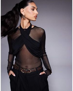 ASOS Top A Maniche Lunghe Allacciato Al Collo Con Dettaglio Arricciato - Nero