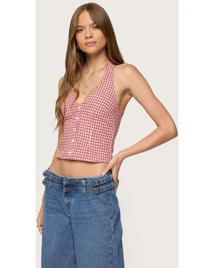 Edikted Evan Gingham Button Up Halter Top - Blue