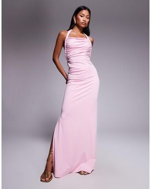 Aria Cove Double Layered Slinky Asymmetric Halterneck Low Twist Back Dress Maxi Dress - Pink