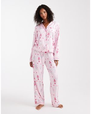 Loungeable Christmas Super Soft Jersey Revere Top And Wide Leg Pajama Set - Pink