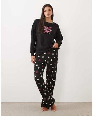 DKNY Stretch Fleece Long Sleeve Top & Pant Pyjama Set - Black
