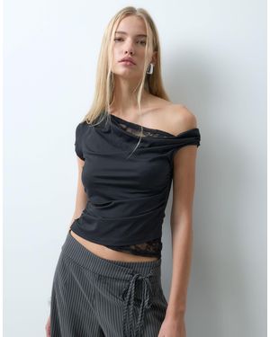 BRONZE SNAKE Off Shoulder Cupro Top With Lace Edging - Gray