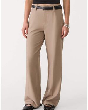 Stradivarius Flowing Straight-Leg Smart Trousers With Belt - Natural