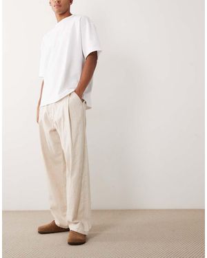 Bershka Super Baggy Trousers Linen Blend - Natural