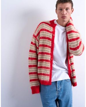 TOPMAN Fluffy Stripe Crew Cardigan - Red