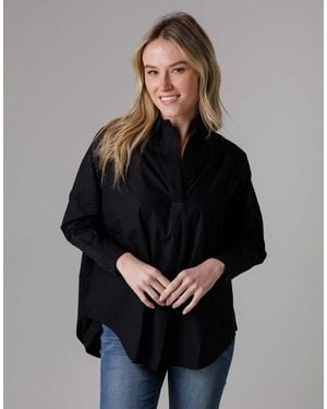 French Connection Cotton Long Sleeve Poplin Popover High-Low Hem Shirt - Black