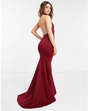 True Violet Vestido largo color con cuello halter y cola - Rojo