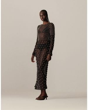 ARRANGE Embellished Mesh Long Sleeve Maxi Dress - Natural