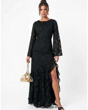 ANAYA Floral Burnout Gathered Round Neck Waterfall Ruffle Maxi Dress - Black